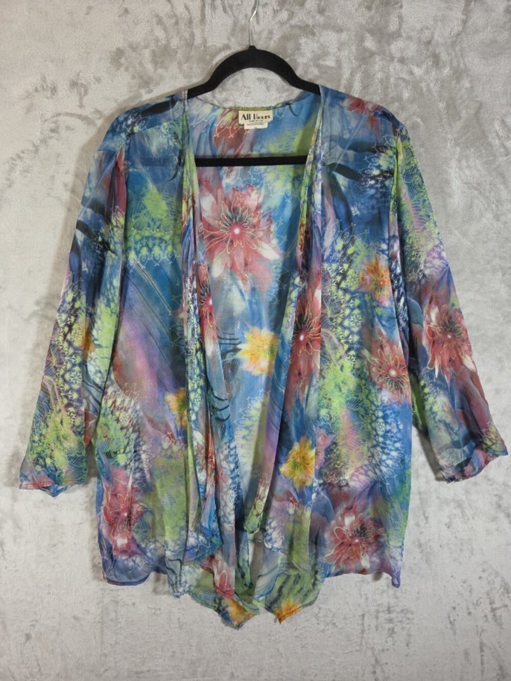 ALL HOURS Watercolor Floral Print Sheer Open Front Kimono Blouse Top 3X
